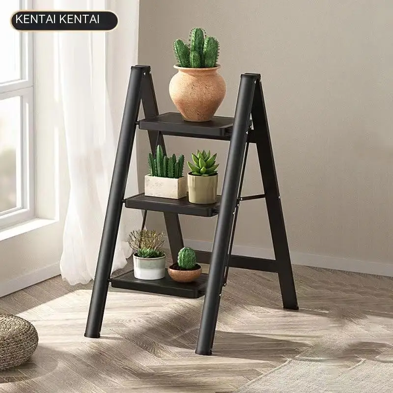 3 Step Folding Step Stool Anti-slip Wide Pedal 330lbs Aluminum Alloy Multifunction Step Ladder Storage Shelf Flower Pot Stand