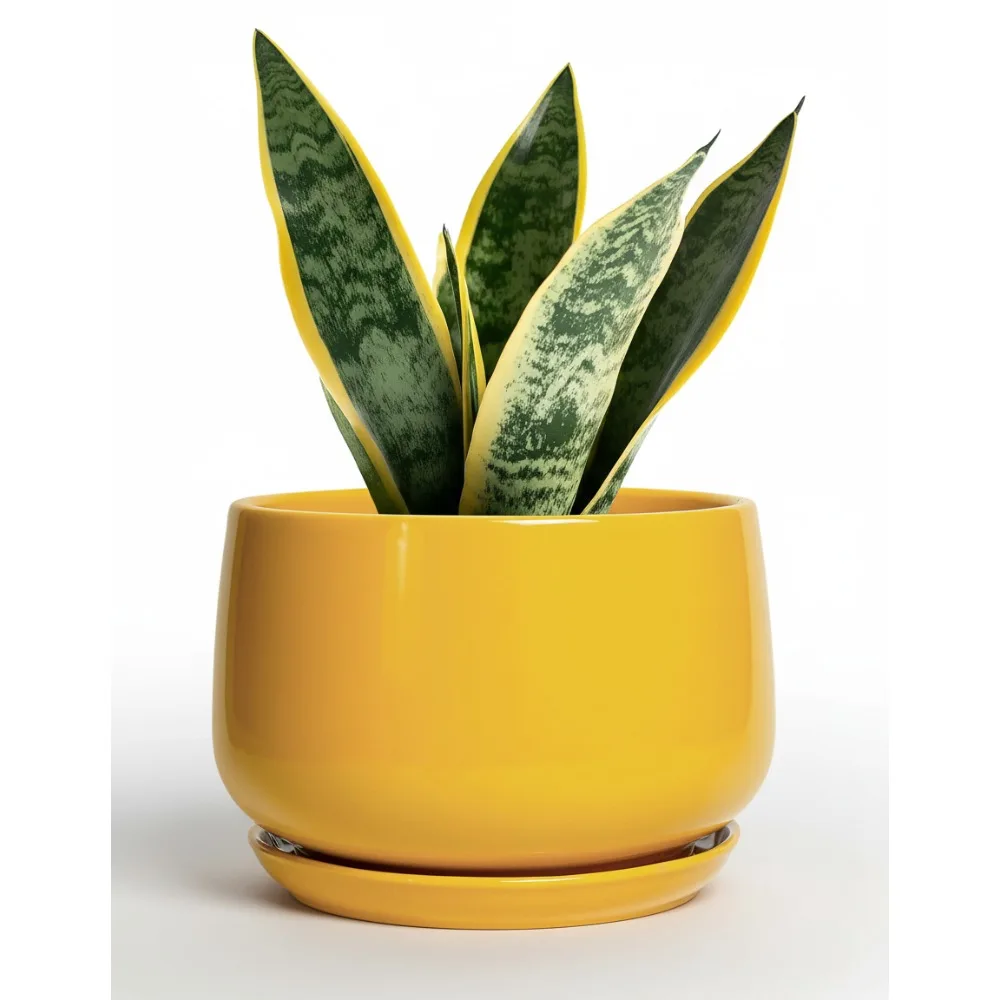 

7-дюймовый желтый керамический горшок для растений с дренажным отверстием и блюдцем - современный домашний и уличный цветочный горшок для любителей растений, домашний декор