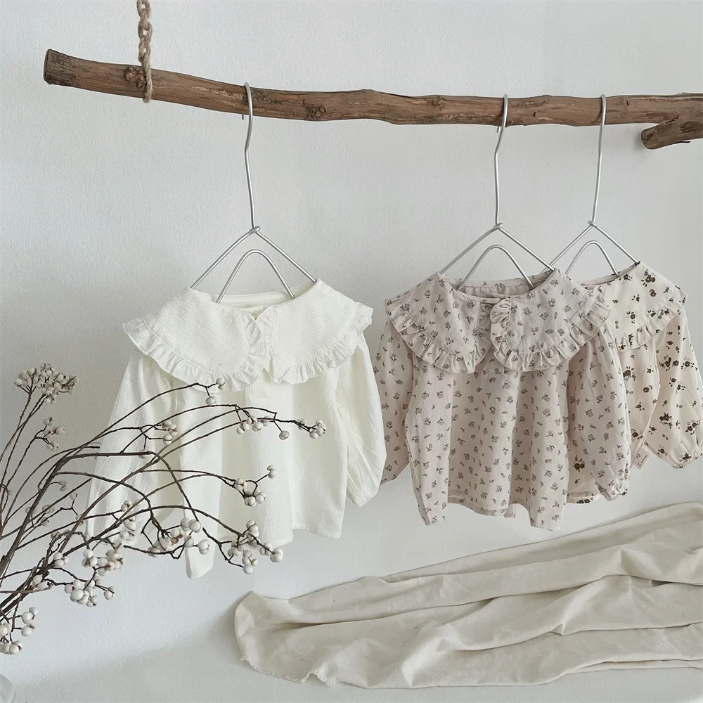 Spring New Baby Girl Long Sleeve Tee Shirts Girls Floral Blouses Large Lapel Collar Tops Infant Girl Bottoming Cotton Clothes