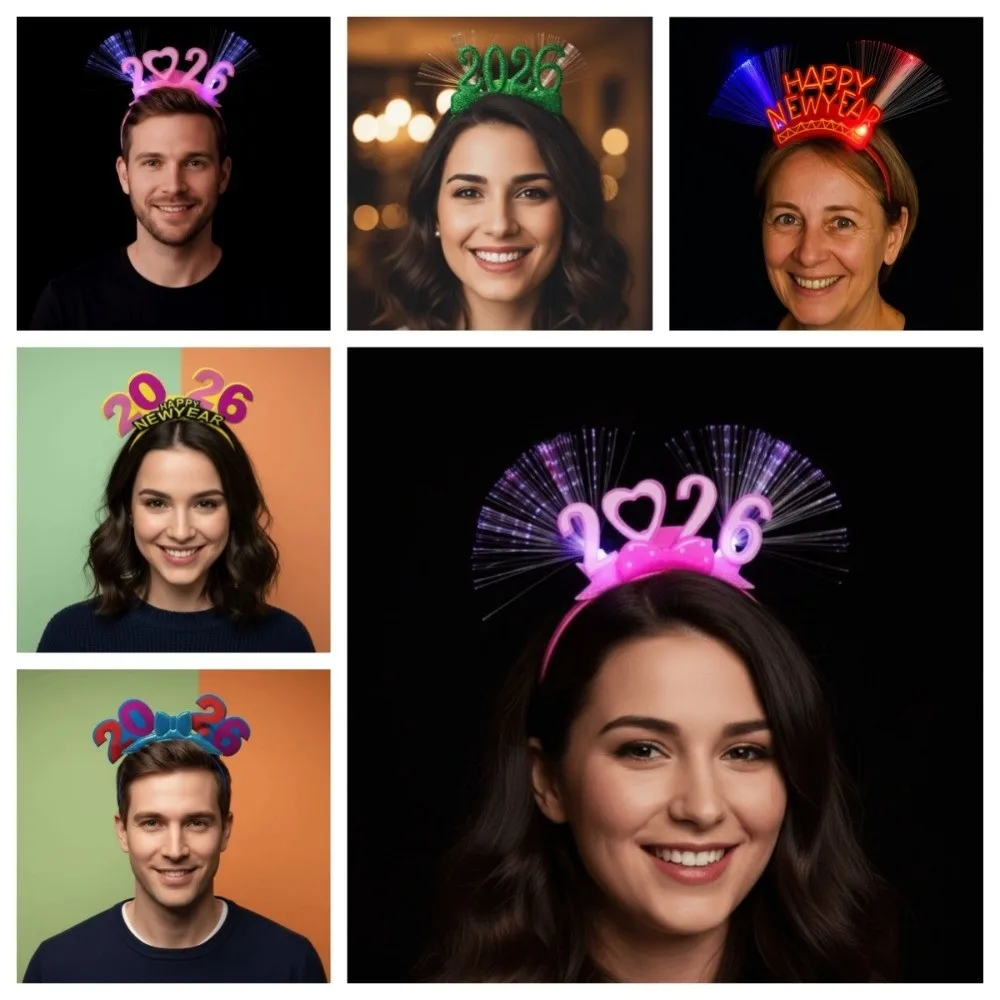 

LED Glow 2026 Happy New Year Headband Number Letter Photographic Headwear 2026 Glow Sticks Colorful Plastic LED Glow Hair Bands