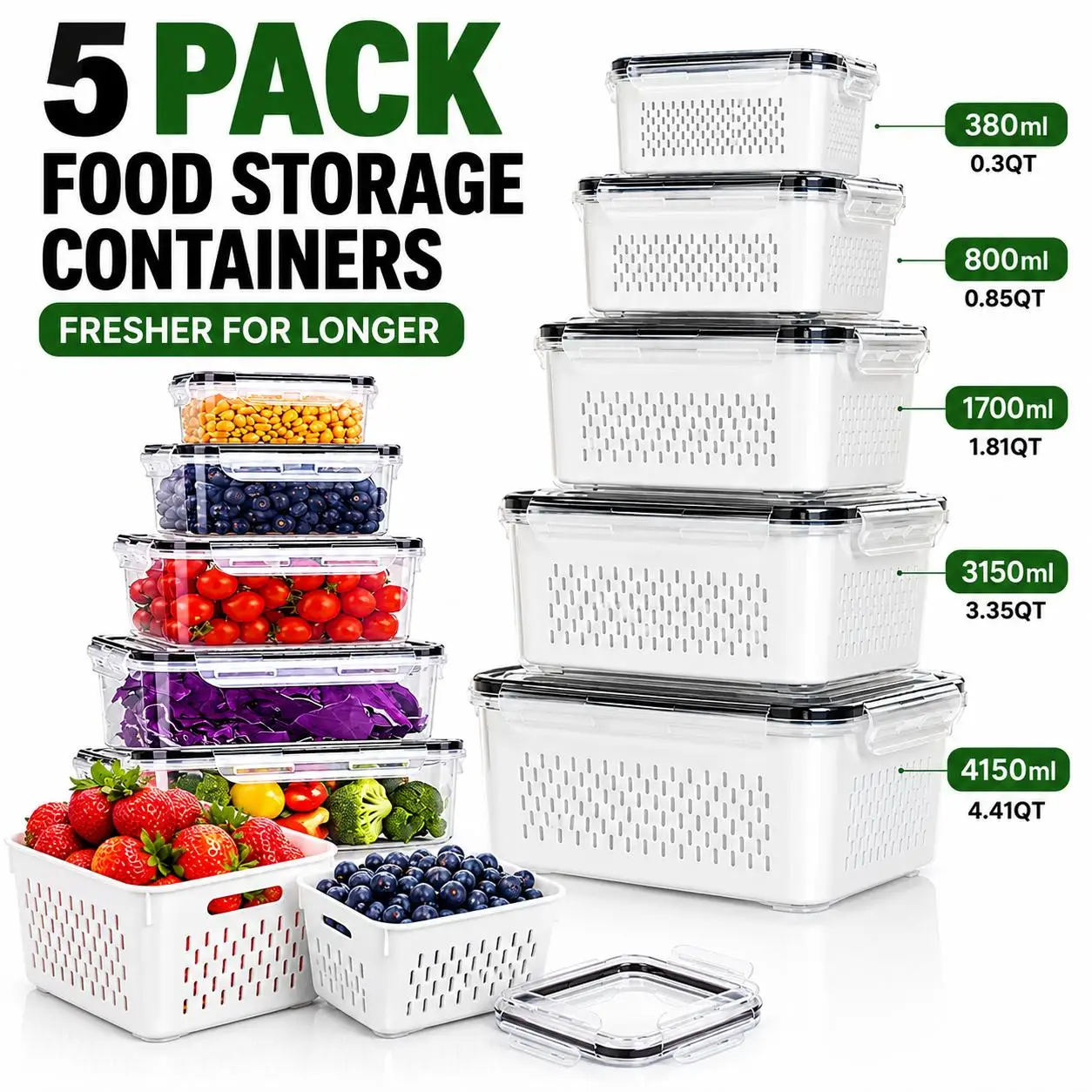 5Pcs Kitchen Food Storage Containers Airtight Refrigerator Organizer Bins Vegetable Fruit Fresh Keeping Box with Removable Drain Colander Strainer Plastic Fridge Produce Keeper for Berries Pantry Organization