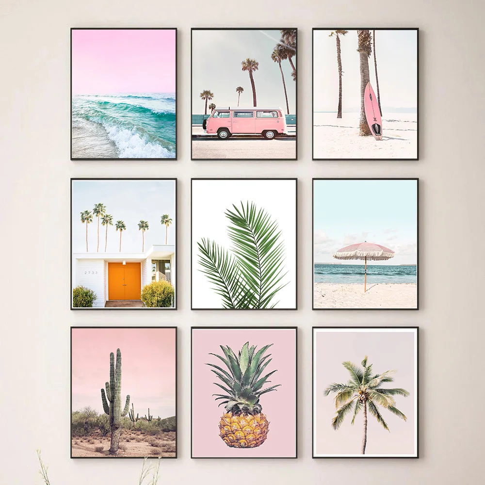 海辺のヤシのプリントが施されたピンクのパイナップルポスター,サーフボードのポスター,壁の芸術の写真,キャンバスの絵画,部屋,寝室,家の装飾,ギフト