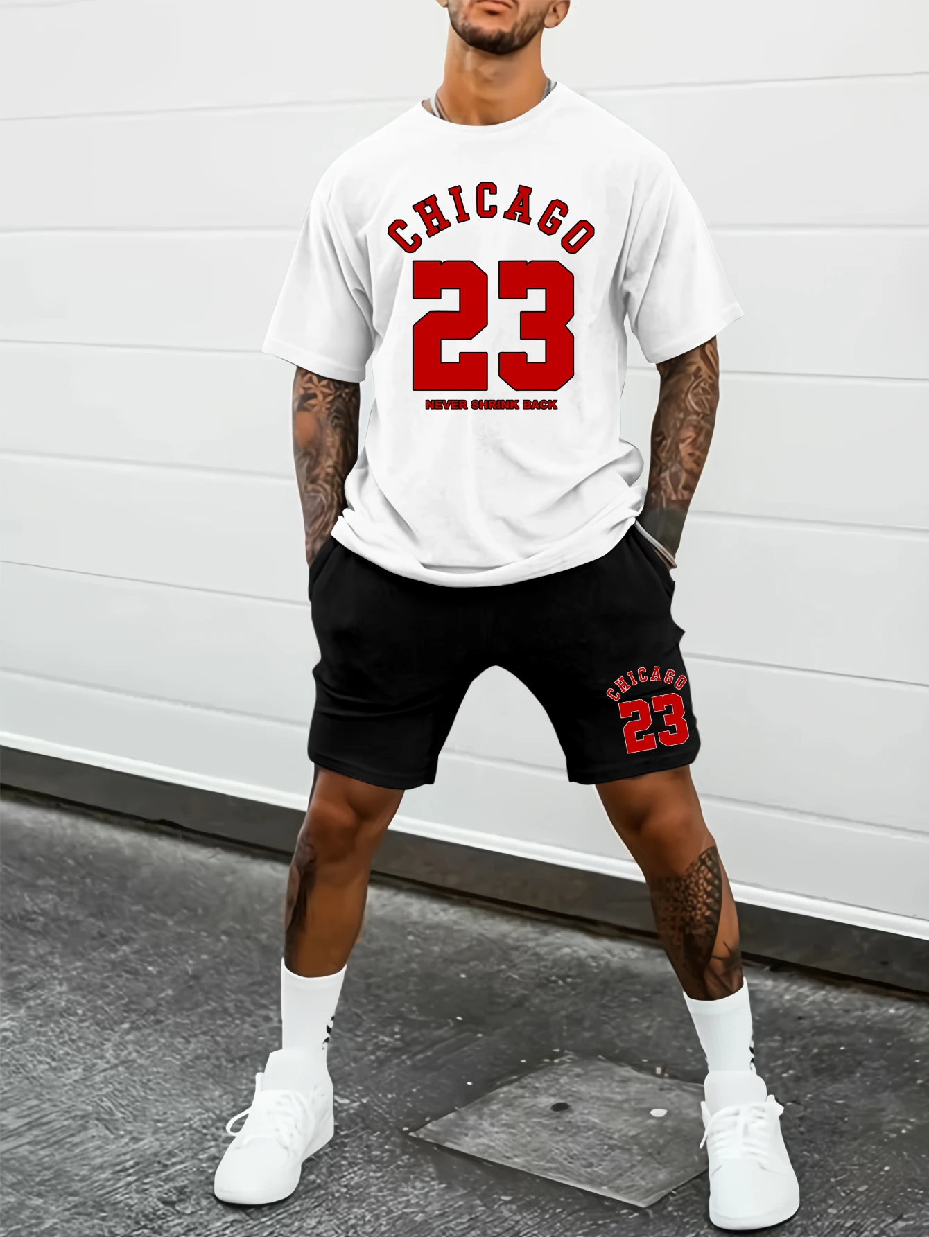 

Short-sleeved shorts summer suit men's T-shirt trend printing round neck men's suit with gangster handsome sports two-piece suit