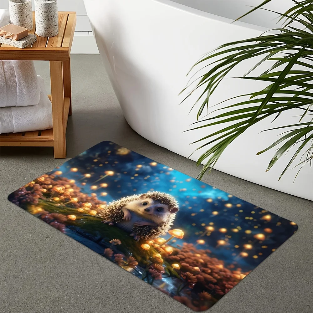 Aesthetic Night Scene Cute Little Hedgehog Pattern Rug, Water Absorbent, Non-Slip, Washable, Polyester Plush Material, Non-Sli
