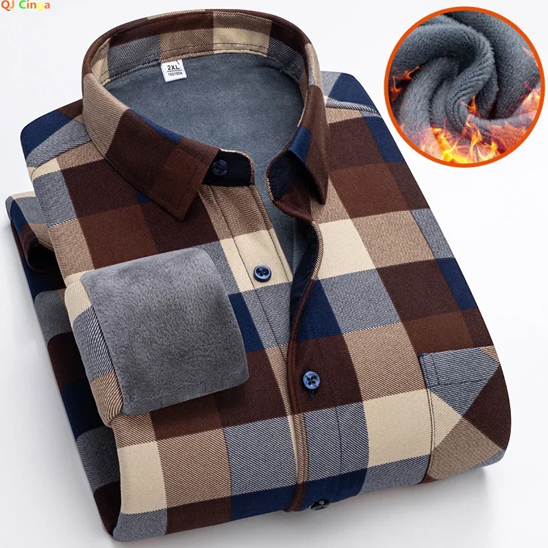 Winter Men\'s Long-sleeved Padded Shirt Single-breasted Square Collar Warm Thick Shirts Striped Plaid Camisa Male Chemise L-5XL