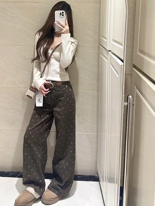 กางเกงยีนส์ทรงตรงหลวมลายดอกไม้สีน้ำตาลสไตล์เรโทรสำหรับผู้หญิง ฤดูใบไม้ร่วง ฤดูหนาว รุ่นใหม่ Sle PmORh เอวสูง ยาวคลุมเท้า