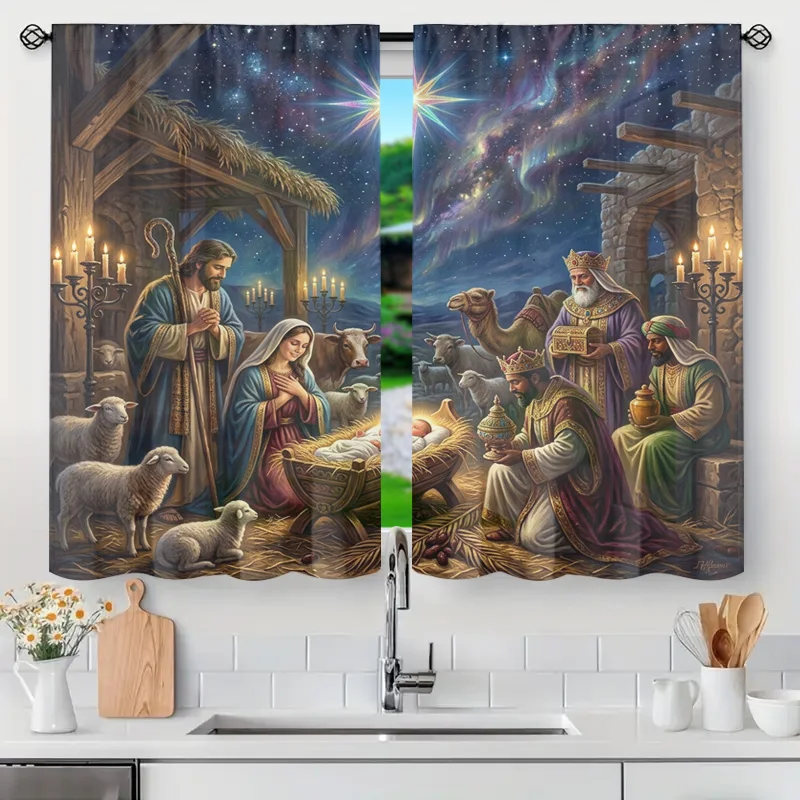 Celestial Nativity Christmas Window Curtain Starry Bethlehem Religious Nursery Room Divider Home Decor Translucent Panel
