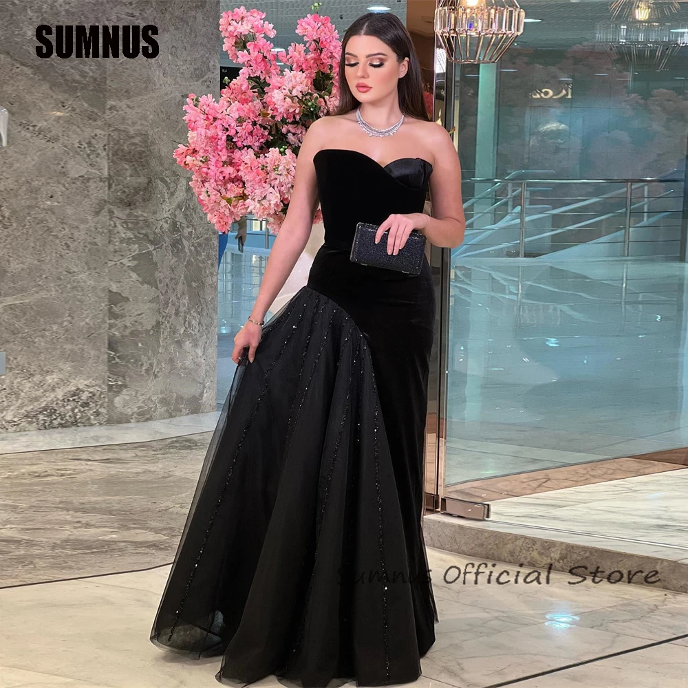 

SUMNUS Black Sequined Saudi Arabia Evening Party Dresses Velvet Sweetheart Prom Dress Dubai Sleeveless Special Occasion Gowns