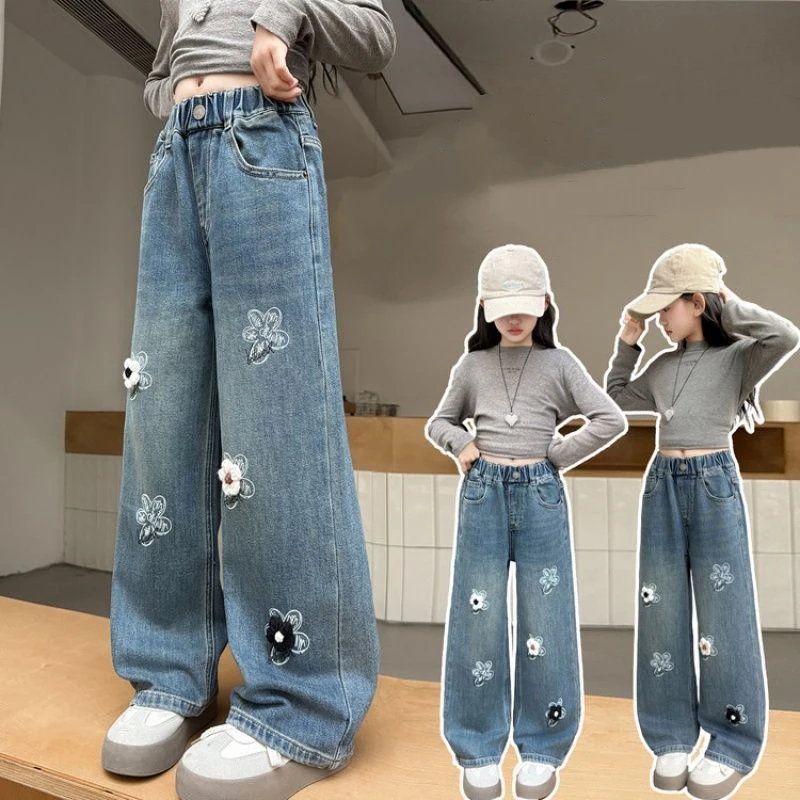 

Autumn New Style Girls Embroidered Flower Jeans Children's Trendy Straight Leg Wide Denim Pants for Big Kids Trousers For 4-14Y