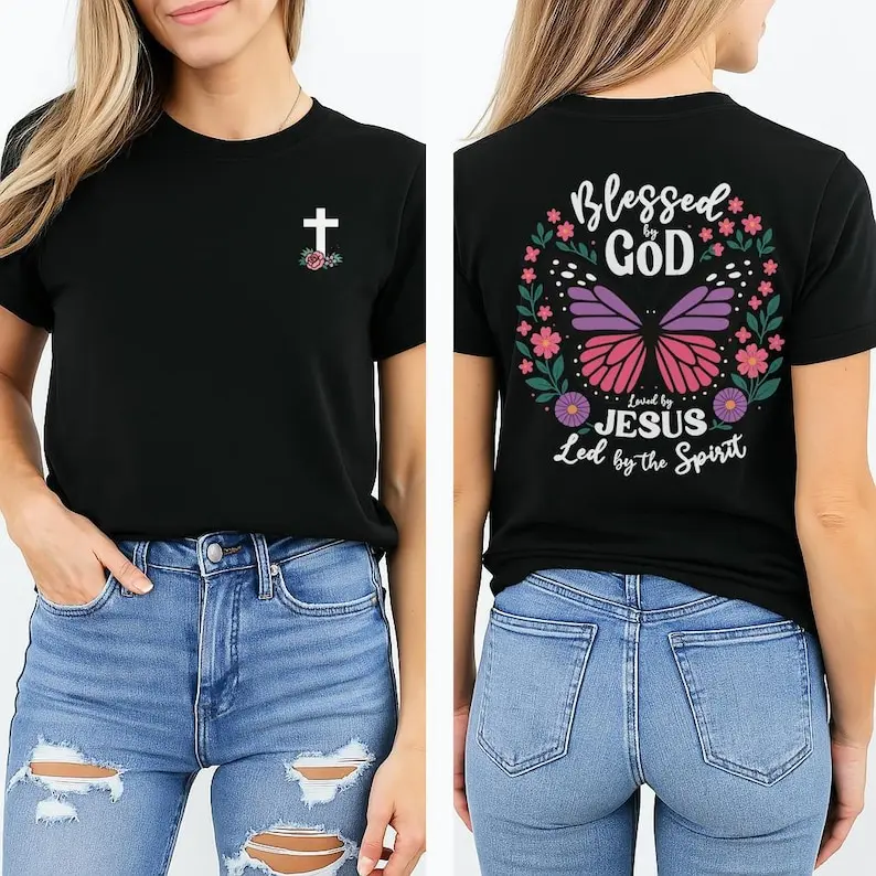 Blessed By God Loved By Jesus Led By The Spirit Shirt Christian Butterfly Design T-Shirt Loved Jesus Led Tee