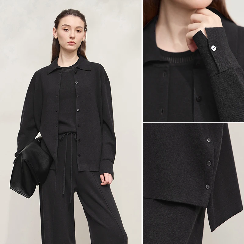 Amii calças casuais femininas 2025 outono nova gola virada para baixo versátil cardigan de malha cor sólida manga longa topos 12543089