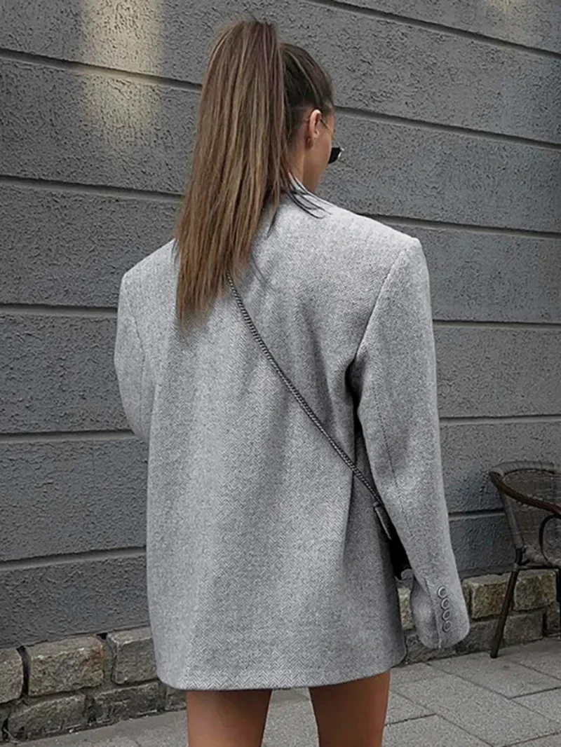 Moda Streetwear szare marynarki dla kobiet 2024 jesienno-zimowa z długim rękawem płaszcze jednorzędowe urząd Lady elegancka kurtka topy