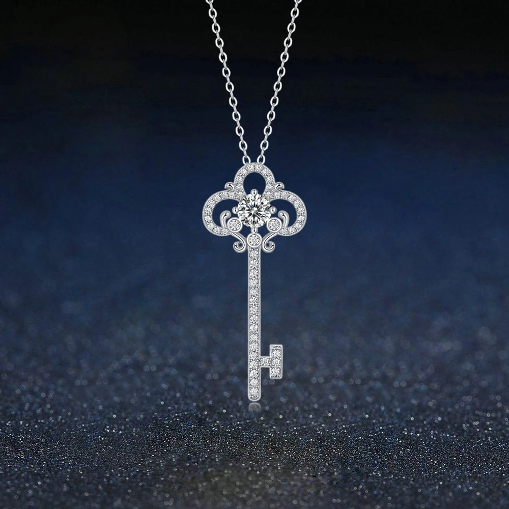 

D Color Moissanite Women's Pendant Necklace Key Shape 925 Silver Chain Adjustable Neck Jewelry Anniversary Gift - Core
