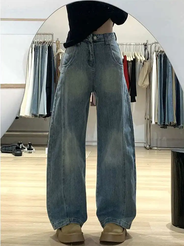 กางเกงยีนส์ทรงขาบานสไตล์อเมริกันย้อนยุคสำหรับผู้หญิง ทรงหลวม เอวสูง ช่วยให้ดูผอม ใส่ได้ในฤดูใบไม้ร่วงและฤดูหนาว มีไซส์พลัสสำหรับสาวอวบ