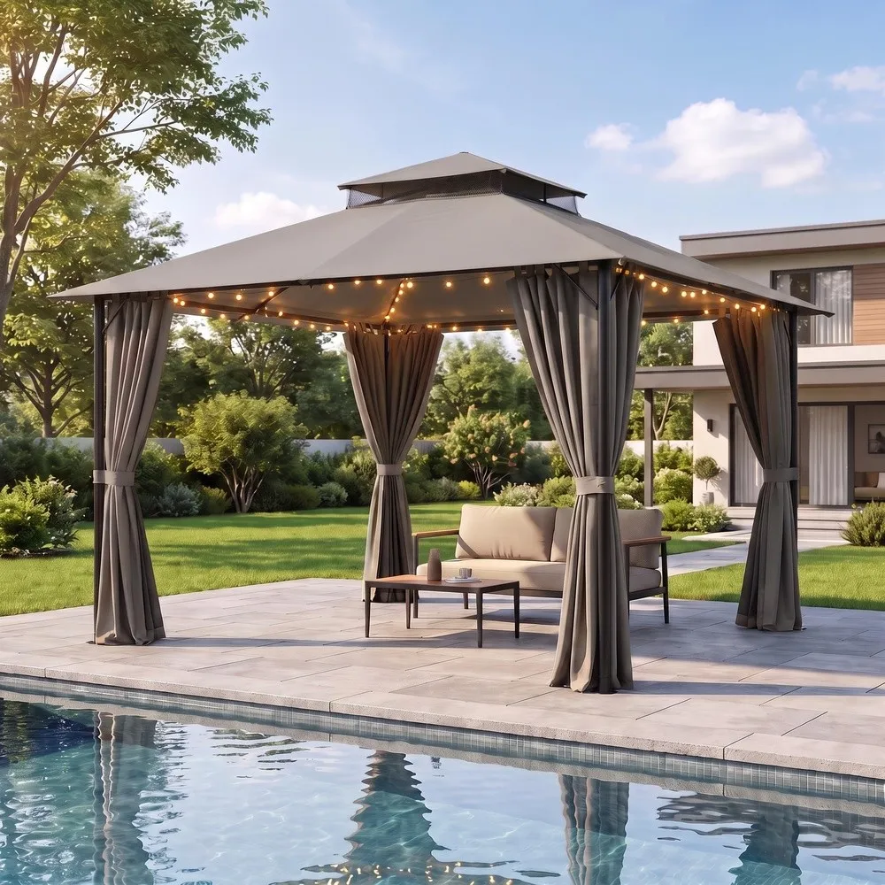 10x10 FT Outdoor Gazebo Soft Top Patio Gazebo with Ventilated Double Tier Roof Heavy Duty Metal Frame Canopy with