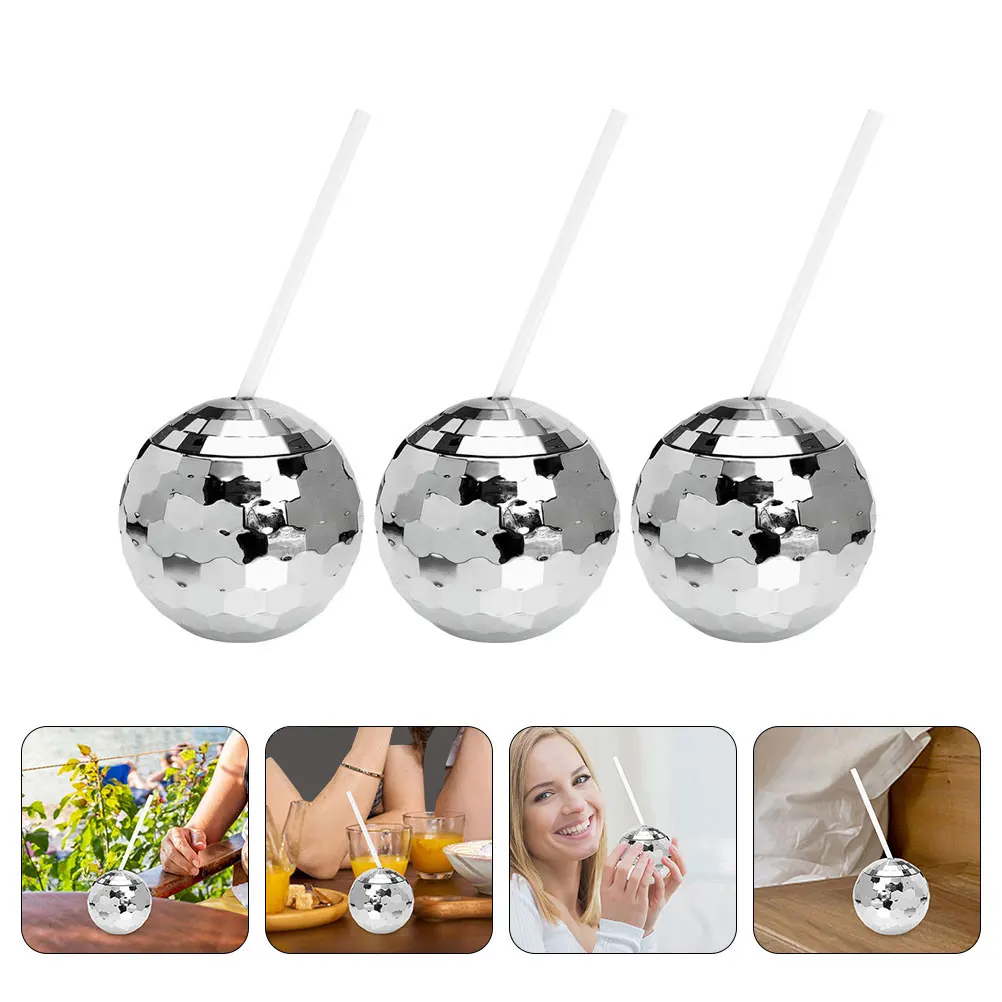 

3pcs Glitter Ball Sippy Cups 580ml Silver Tumbler Straw Container Flash Cup Home Kitchen Bar Supplies Stylish