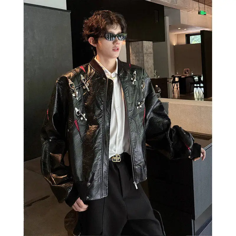 Spring Autumn New Dark Street Locomotive Wind Cool Handsome Men's Metal Aircraft Buckle Short Deconstructed PU Leather Jacket