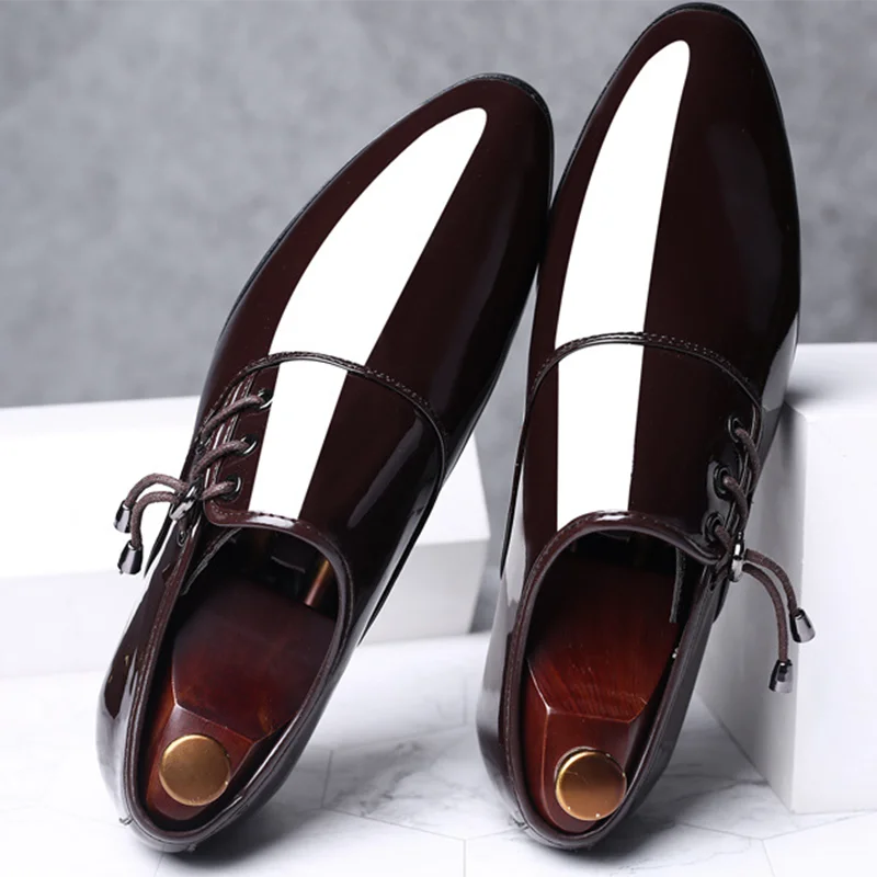 Trending Italian Patent Leather Shoes for Men Business Shoe Lace Up Oxfords Plus Size Male Wedding Party Shoes Men Black Leather