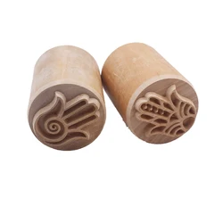 3.5cm round Polymer Clay Stamp Wood Block with Mandala & Fatima Hand Texture for Ceramic Pottery Embossing Impression Tool
