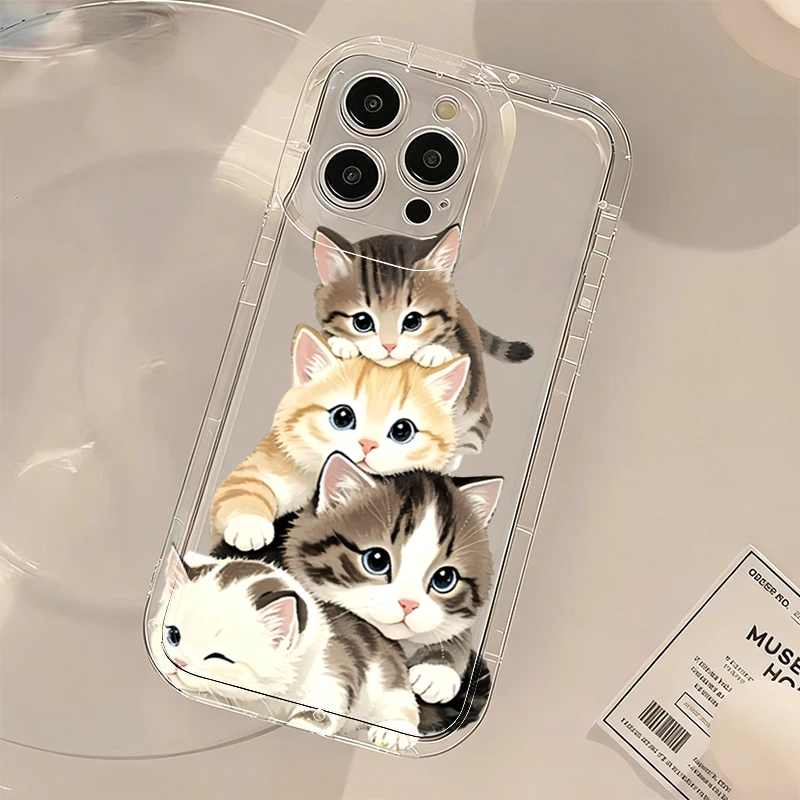 Transparent Cartoon Cats Pattern Phone Case For iPhone 15 16 17 Pro Max 16E 14 13 11 12 Mini 7 8 Plus SE2 XS XR Shockproof Cover view 4