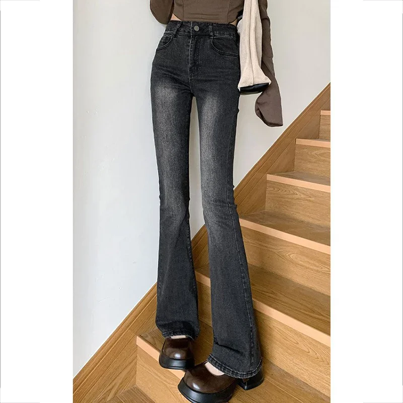 Pantalones vaqueros acampanados negros y grises para mujer, pantalones vaqueros clásicos finos de cintura alta, moda coreana, pantalones de pierna recta