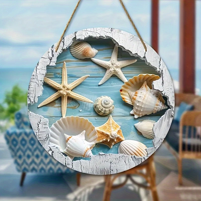 1pcs 8in Retro Wooden 2D Flat Round Disc Beach Vacation Style Summer Waves Ocean Seagull Travel Beach Attractions Photo Prop