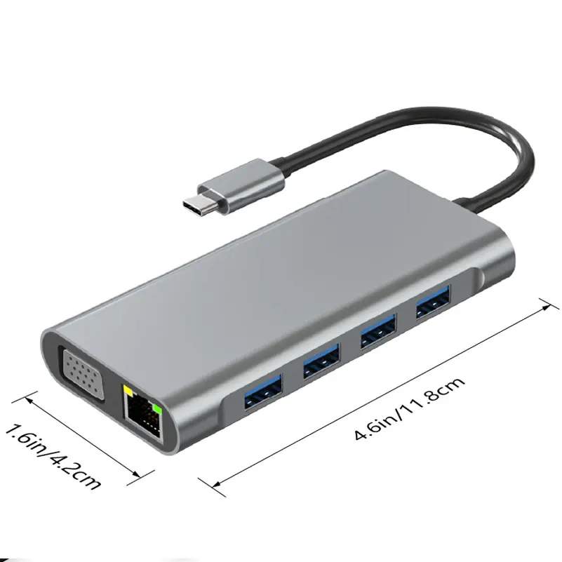 11-in-1 USB-C Hub, 4K HDTV, VGA, 100Mbps RJ45 Ethernet, PD 100W, USB 3.0, USB 2.0, SD TF, Audio Multiport Adapter