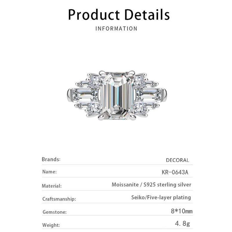 1. 4CT 10*8mm Emerald Cut D Color VVS1 Moissanite Ring S925 Sterling Silver Luxury Sparkling Wedding Engagement Ring For Women G