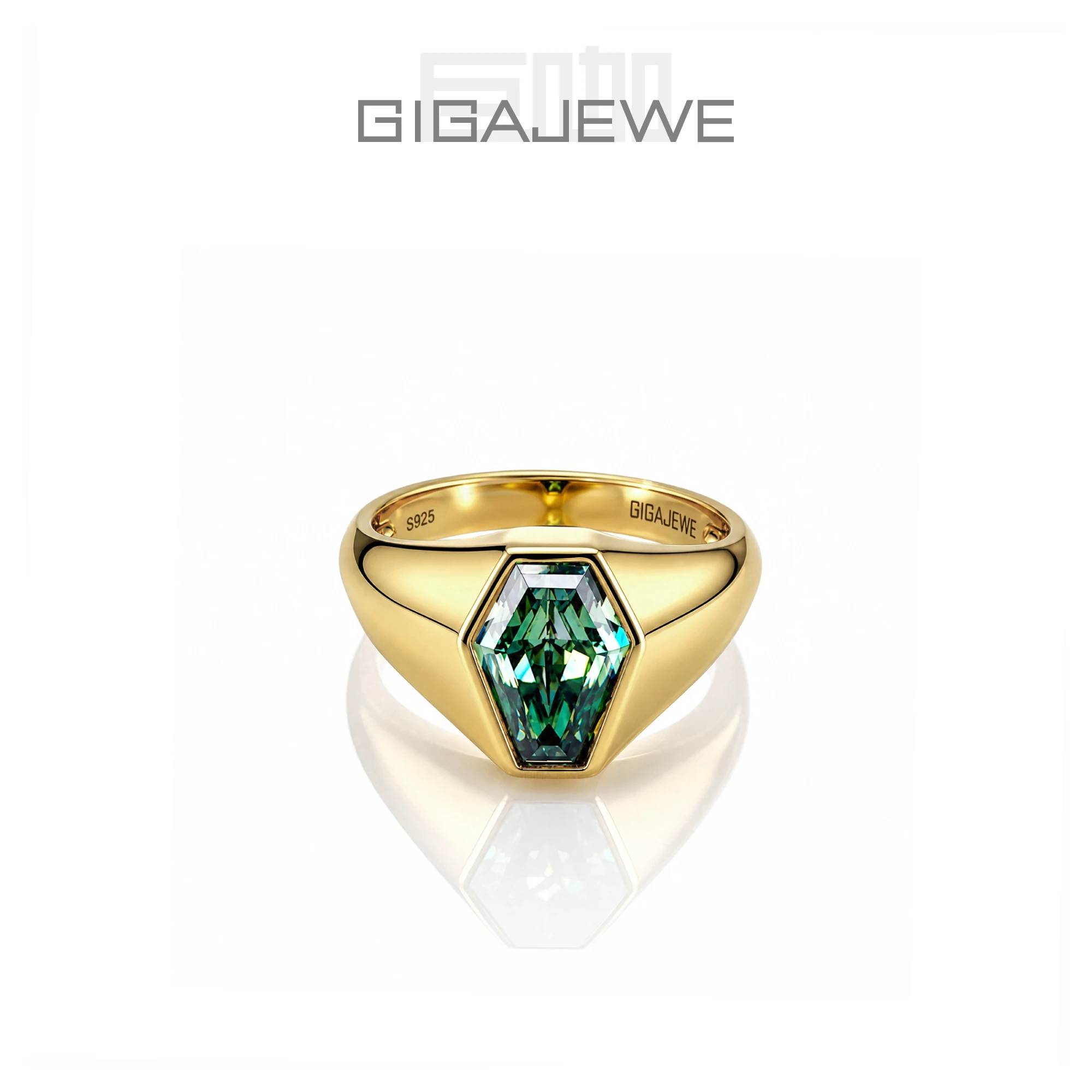 GIGAJEWE 3.5CT Shield Cut Moissanite Ring 7x10mm White Cyan Stone 925 Sterling Silver Heavy Gold Plated Chunky Statement Ring