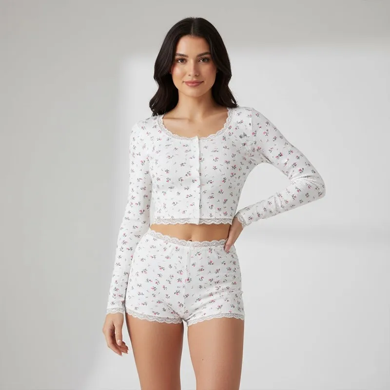 

Женский пижамный комплект из двух предметов с цветочным принтом, шорты и милый топ с короткими рукавами и уютные шорты с эластичной резинкой на талии для отдыха в дома Y2k