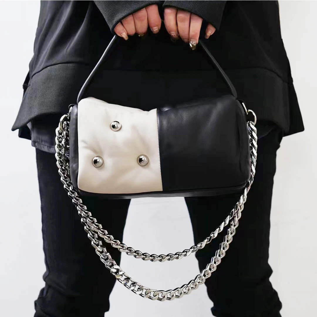 

genuine leather crossbody rivet bags finely selected sheepskin panelled tote shoulder bag casual real leather chain bags