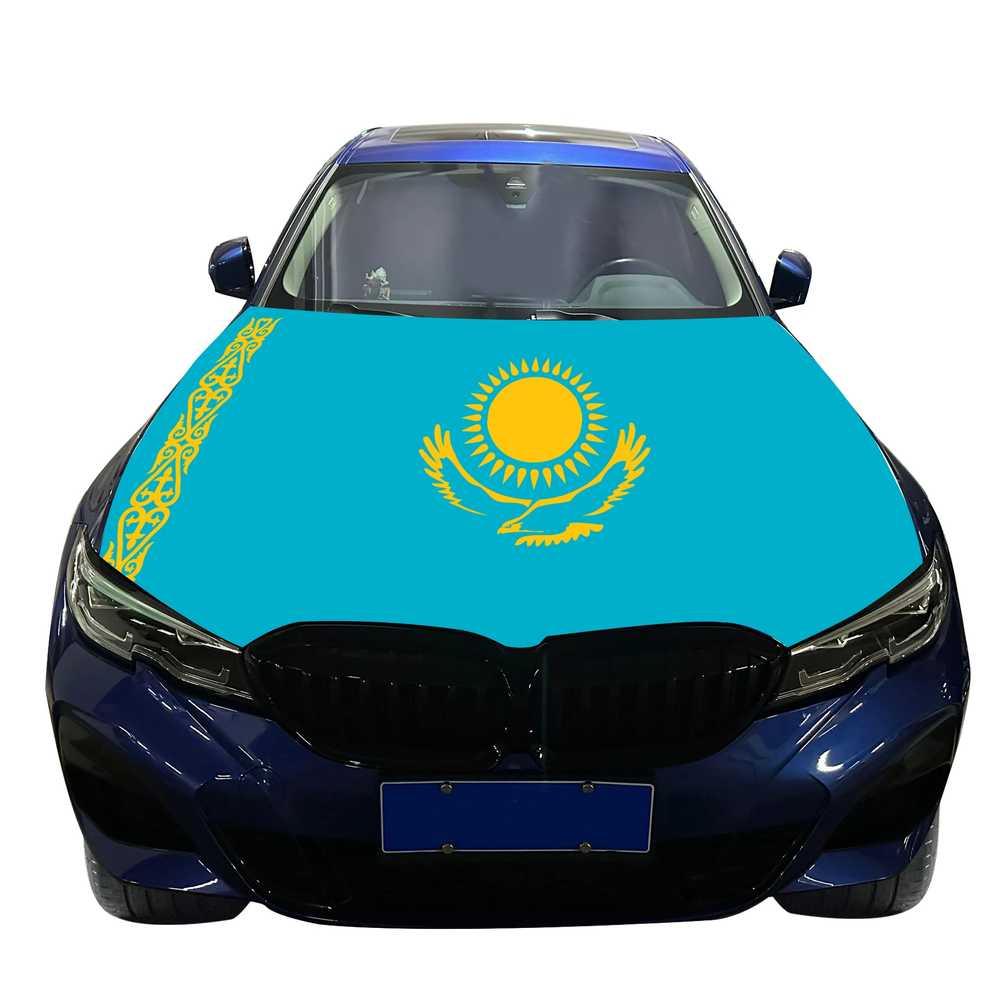 Kazakhstan Car Hood Cover Flag  Universal Size Elastic Polyester 120x150cm for Car Decor