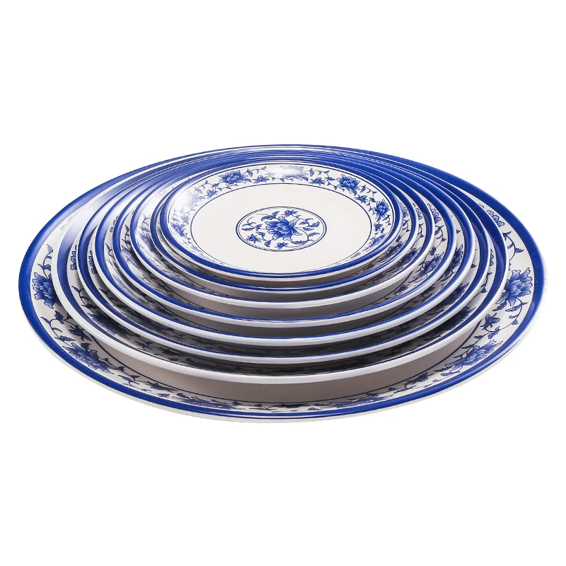 Melamine Blue and White Plate Restaurant Circular Main Dish Plate Household Kitchen Utensils Round Dish Self-service Plate