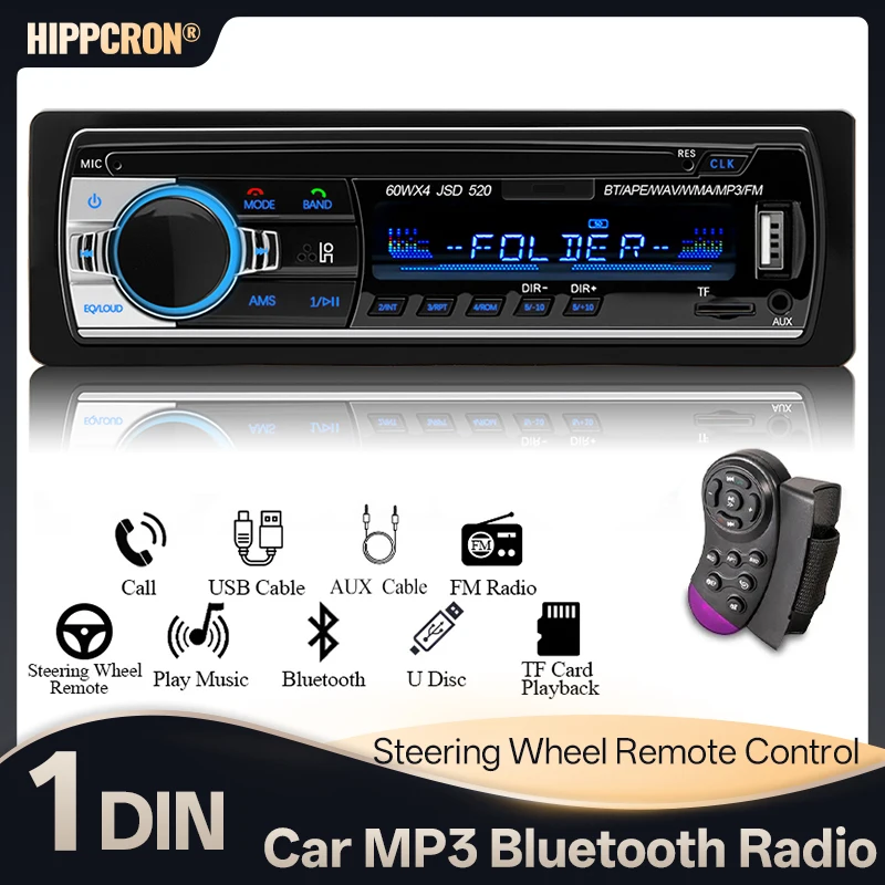 Rádio Automotivo Hippcron 1 Din com Bluetooth, MP3 Player, Rádio FM, Suporte para USB, Cartão TF, Controle no Volante e Entrada AUX