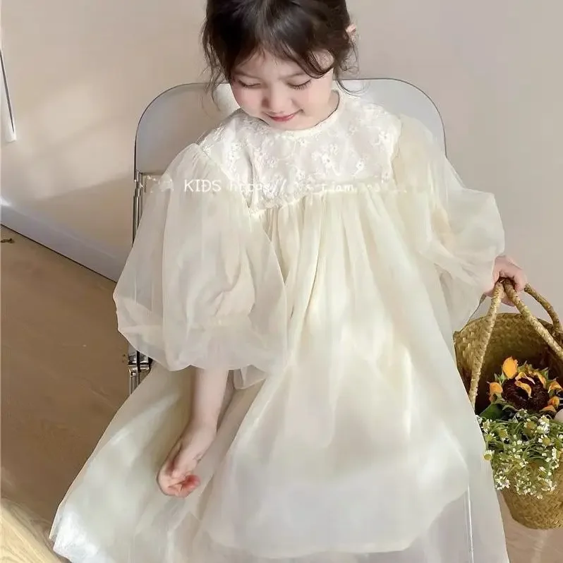 Vestidos casuales para niñas, ropa informal Simple, suelta, dulce estilo coreano de princesa, vestido de baile de encaje, ropa para niños, sólido