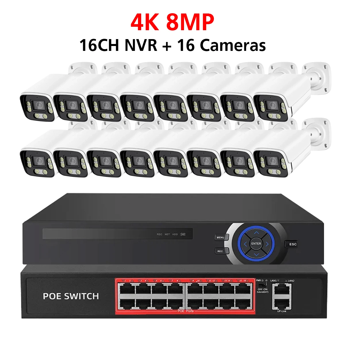 16CH 4K POE CCTV Security Camera System 8MP Outdoor Waterproof IP Camera with Two-Way Audio Night Vision Video Surveillance Kit