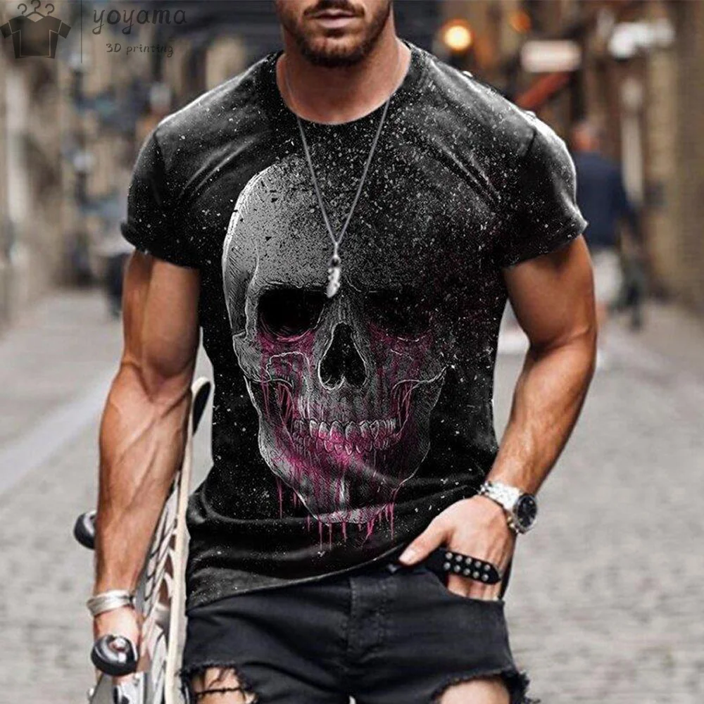 Red Skull Print T-shirt Punk Style Men\'s Clothing Gothic Design Skull Graphic T shirts Men\'s Short Sleeve Tee Skull T-shirt Tops