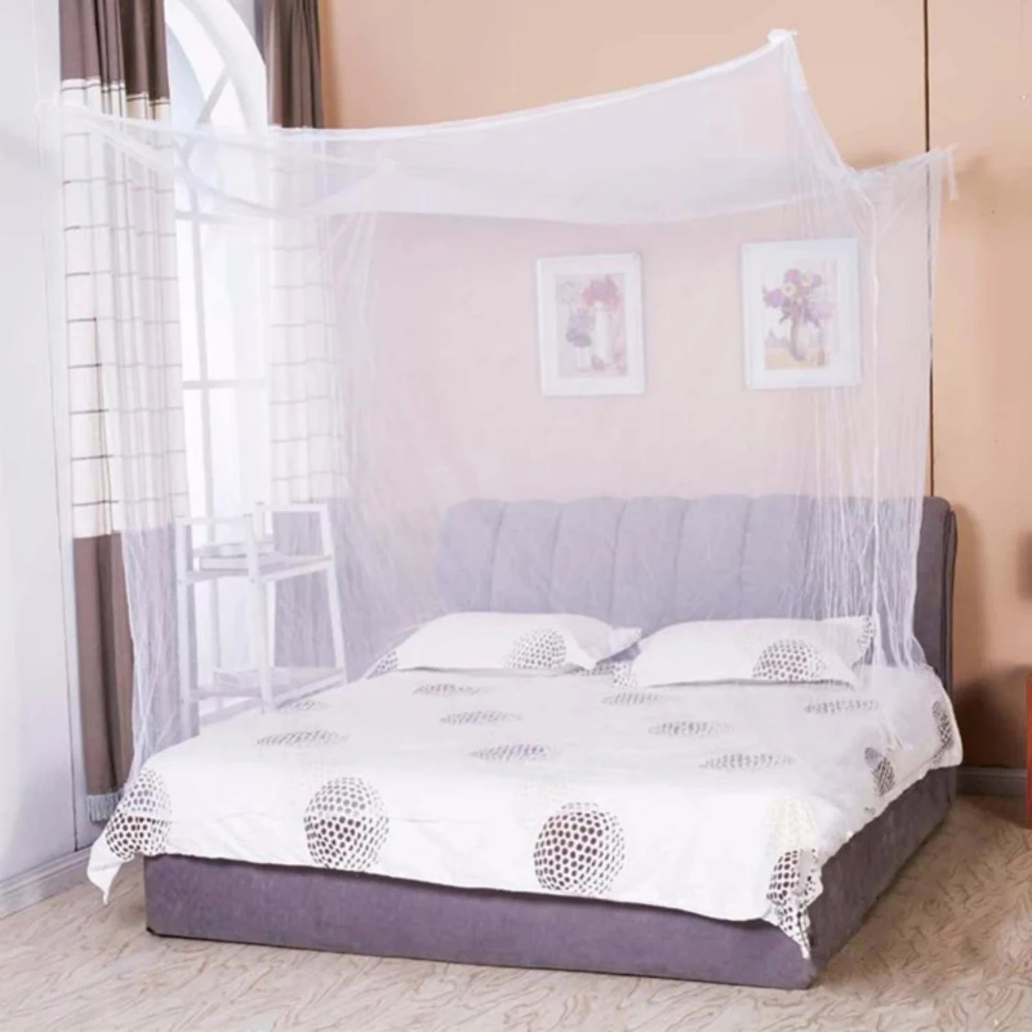 White Portable Square Four Corner Post Moustiquaire Canopy Mosquito Control Mosquito Net for Bedroom Sleeping - 1pcs