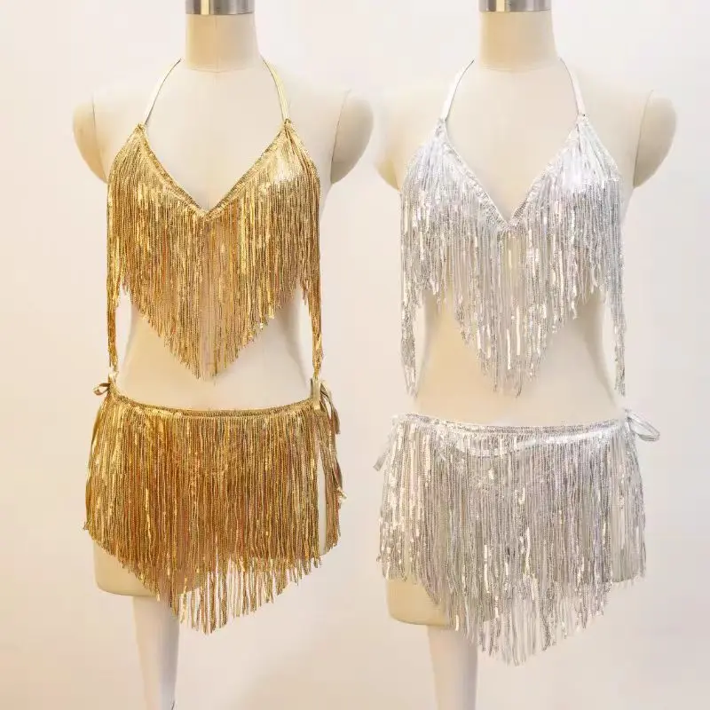 New Sexy Belly Dance Sequin Tassel Suspender Short Skirt Suit Nightclub DJ Bar Female Singer Leading Dance Stage Clothing