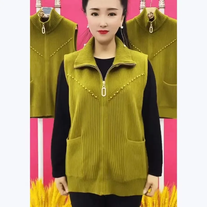 

Autumn Winter Female Sweater Cardigan Waistcoat Middle Aged Mother Large Size Loose Vest Ladies Zipper Sweater Waistcoat Top