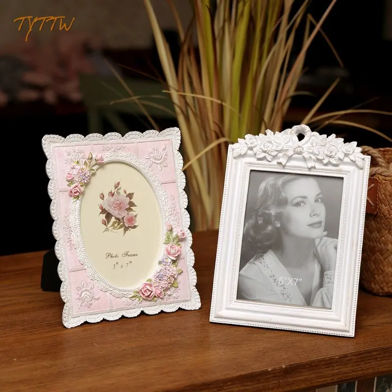 Vintage European Style 7 Inch Resin Photo Frame, Embossed Rose Bow Card Display Holder, for Wedding Picture, Bedroom, Home Decor