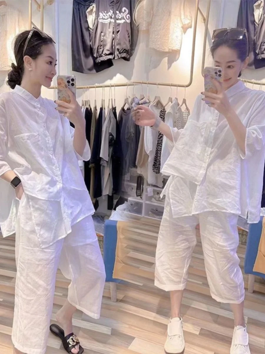 

Белый комплект из чистого льна и широких брюк, женский летний тонкий комплект с защитой от солнца, асимметричный комплект из хлопка и льна на семь футов