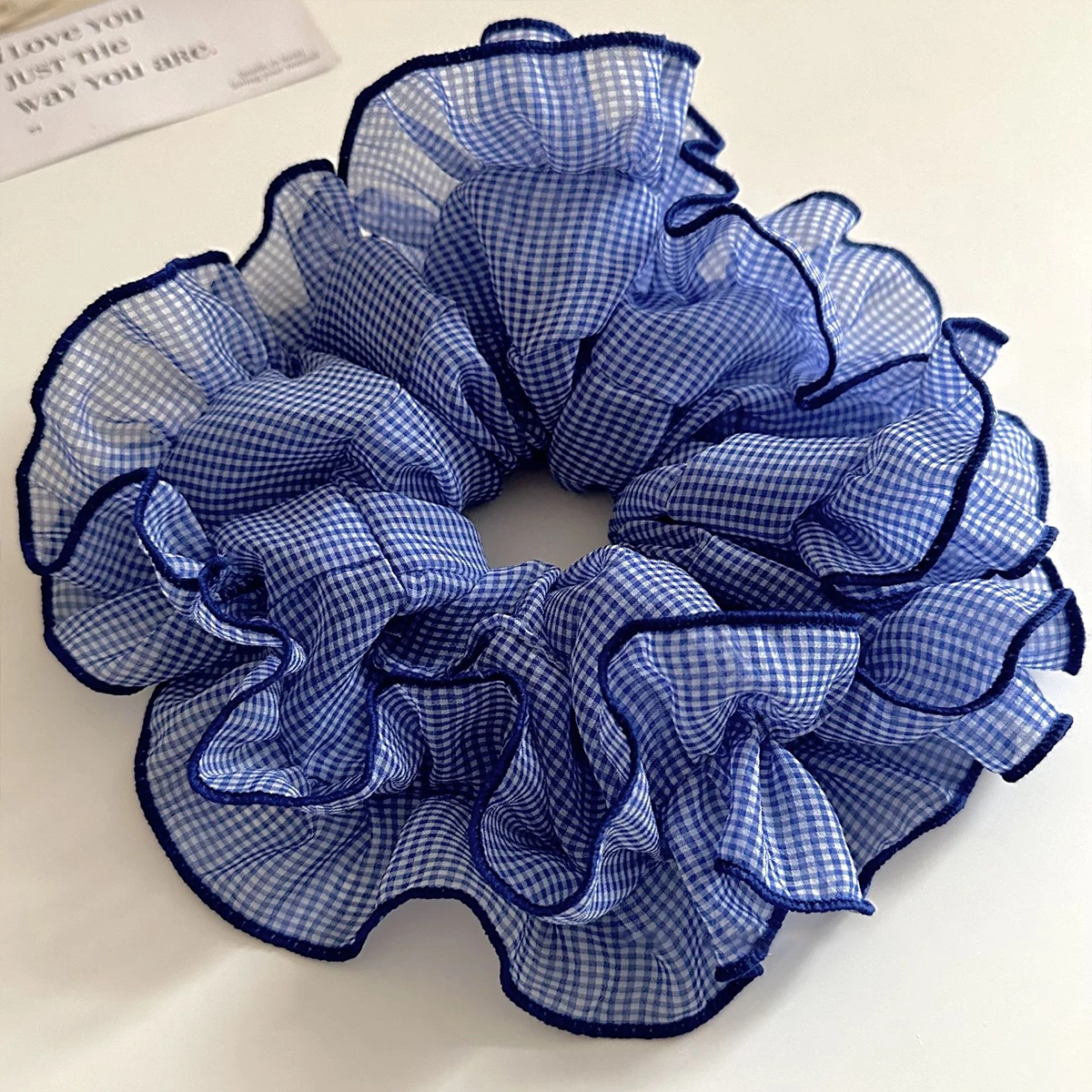 1pc Korean style blue-gray plaid lace hair tie, elegant and simple, fluffy bun ring, large hair rope for the back of the head - Image 4