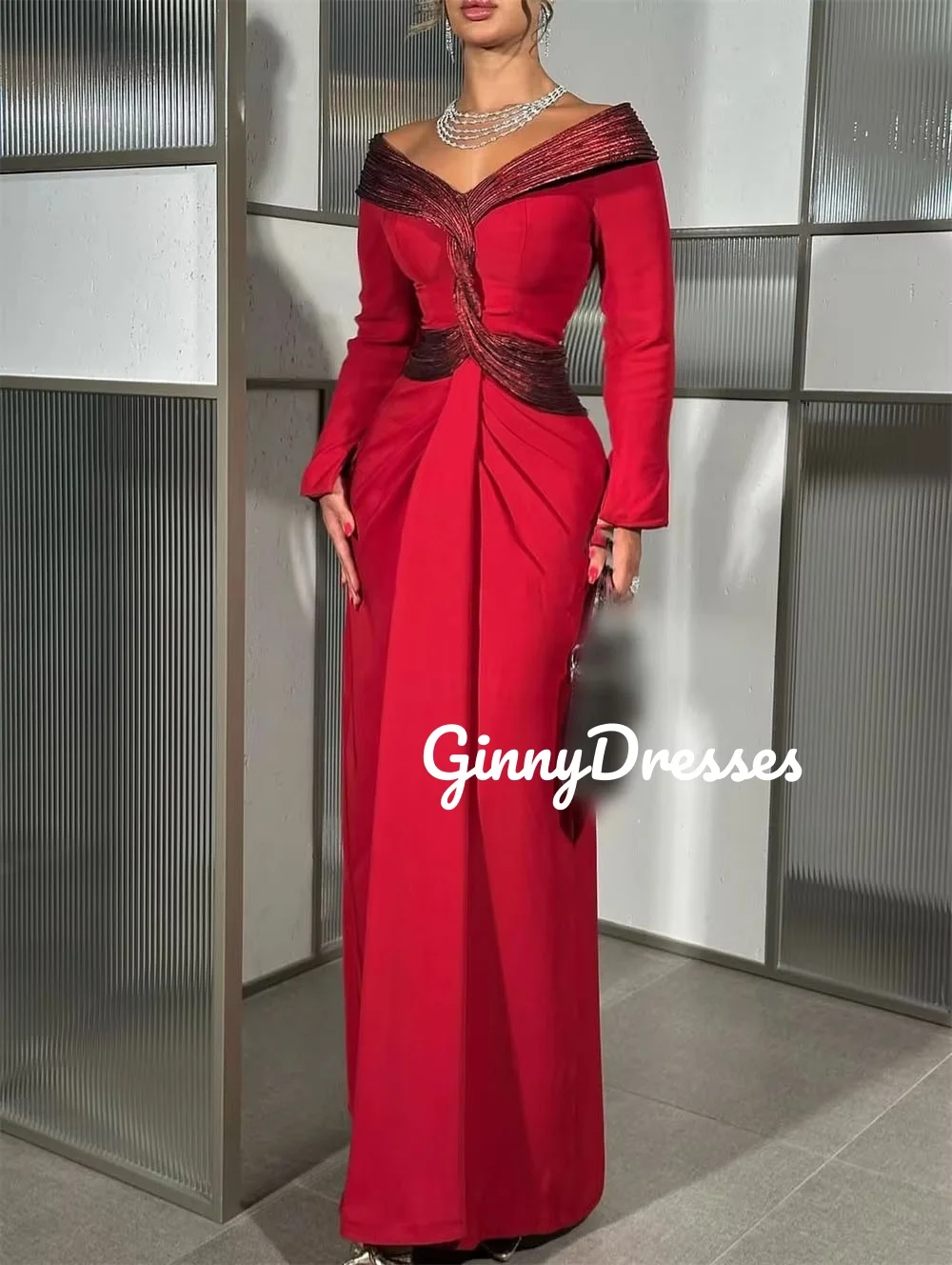 فساتين سهرة نسائية مخصصة خارج الكتف على شكل حرف a وأكمام طويلة فساتين مناسبة رسمية بسحاب حتى مطرز بطول الأرض P