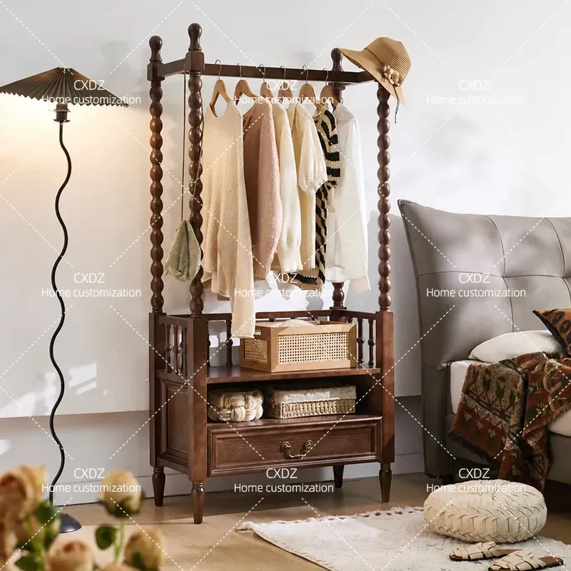 Retro Solid Wood Hanger Integrated Multi Functional Storage Rack Household Bedroom With Drawers Floor Coat Rack