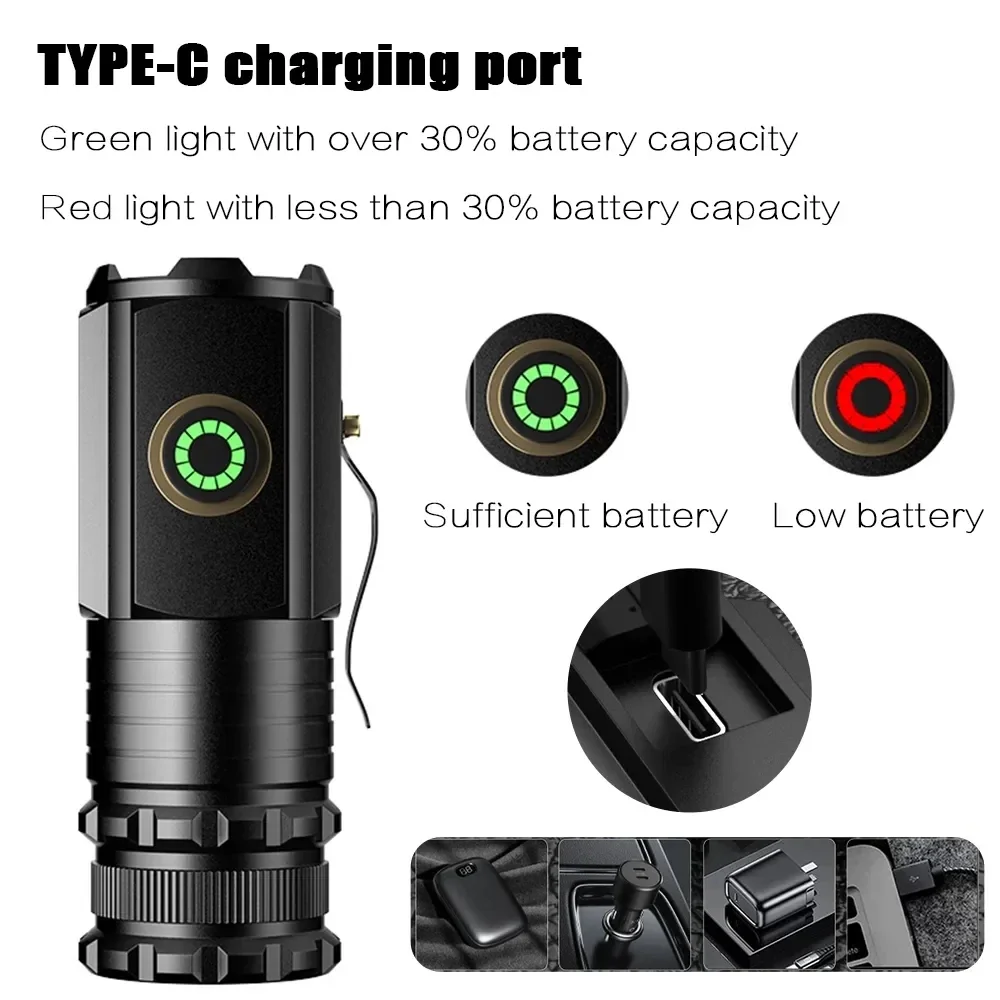 Mini LED Flashlight 3LED Ultra Strong Light Flash Light Portable USB Rechargeable Built-in Battery with Pen Clip and Tail Magnet