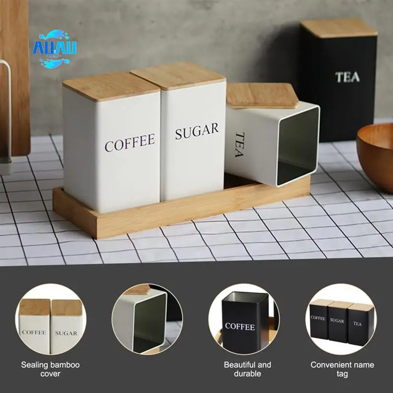 

AUAU-3PCS Набор канистр для чая, кофе, сахара, набор с подносом, железные банки для чая и кофе с бамбуковой крышкой, контейнеры для кофе, сахара, чая