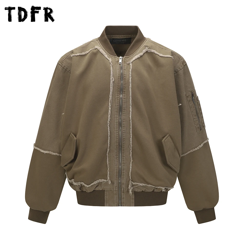 

Raw Edge Spliced Cargo Jacket Mens Solid Color Washed Distressed Autumn Retro Loose Stand Collar Long Sleeve Outerwear Man