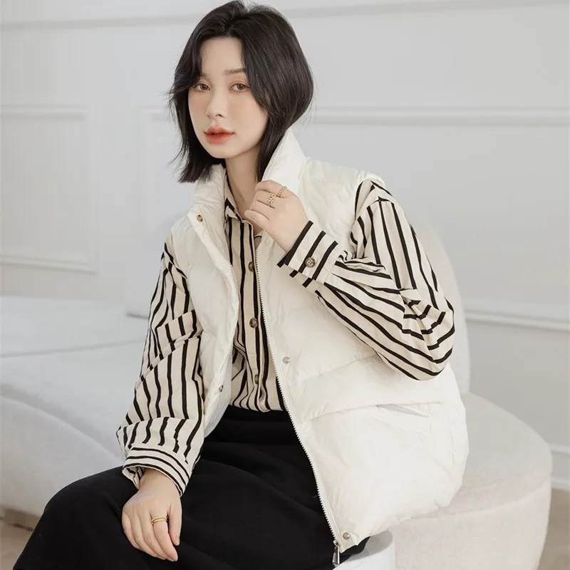 겨울 자켓 여성 2024 스타일 민소매 코트 베이지/블랙/화이트 스탠드 칼라 패션 짙어지면서 솔리드 컬러 다운 자켓