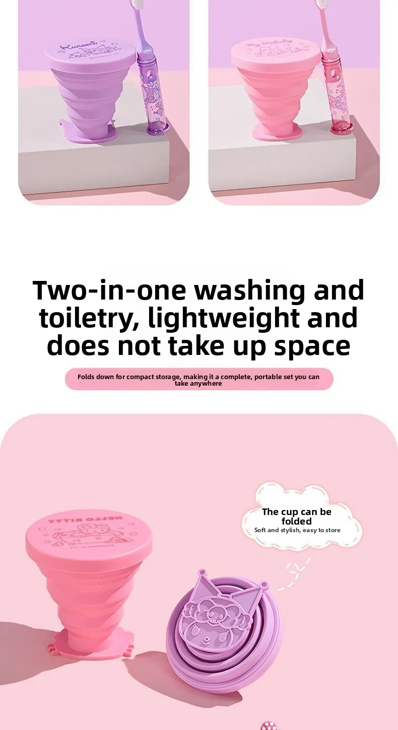 Sanrio Hello Kitty Wash Folding Cup Kuromi Cartoon Cute Creative Water Cup Toothbrush Set Portable Travel Mouthwash Cup